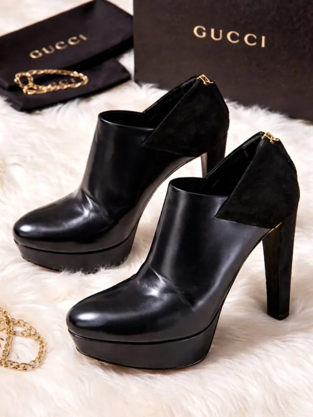 Gucci Black Leather Suede Accent Platform Stiletto Ankle Boot, Size 36.5
